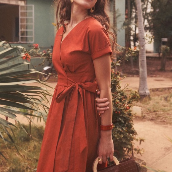 Sezane Red Midi Linen Wrap Dress NWT - Picture 2 of 6